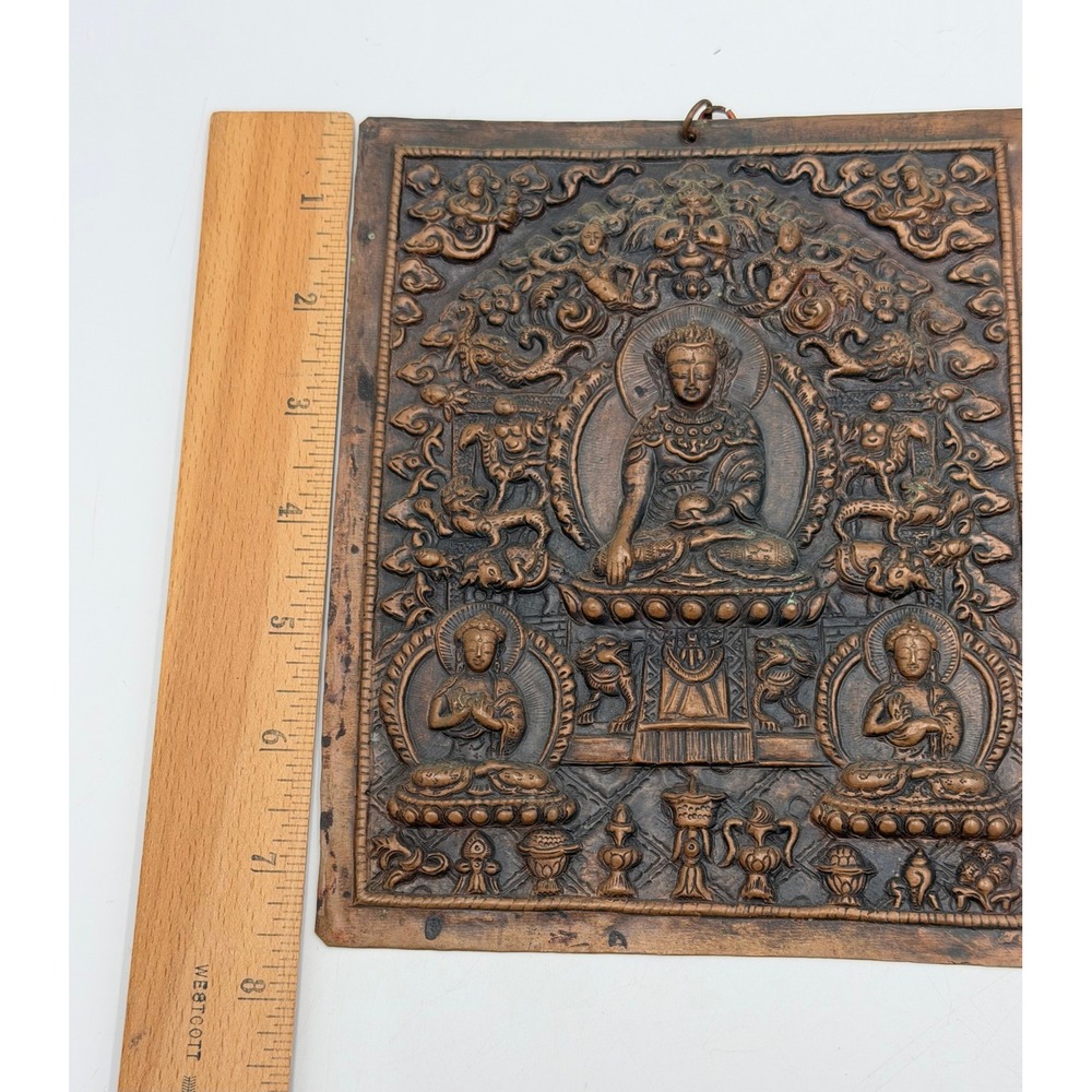 Vintage Carved Wood Buddha Statue & Embossed Metal Wall Plaque Buddhist Decor - Picture 3 of 15